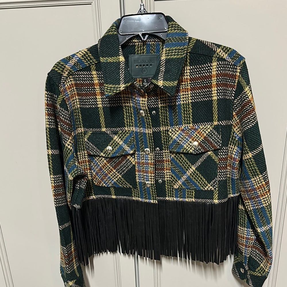 Green and Black Cropped Blazer with Fringe